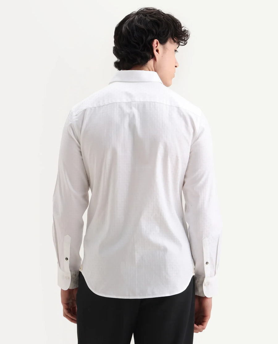 Rare Rabbit Men's Narb White Cotton Spread Collar Fit And Flare Jacquard Shirt