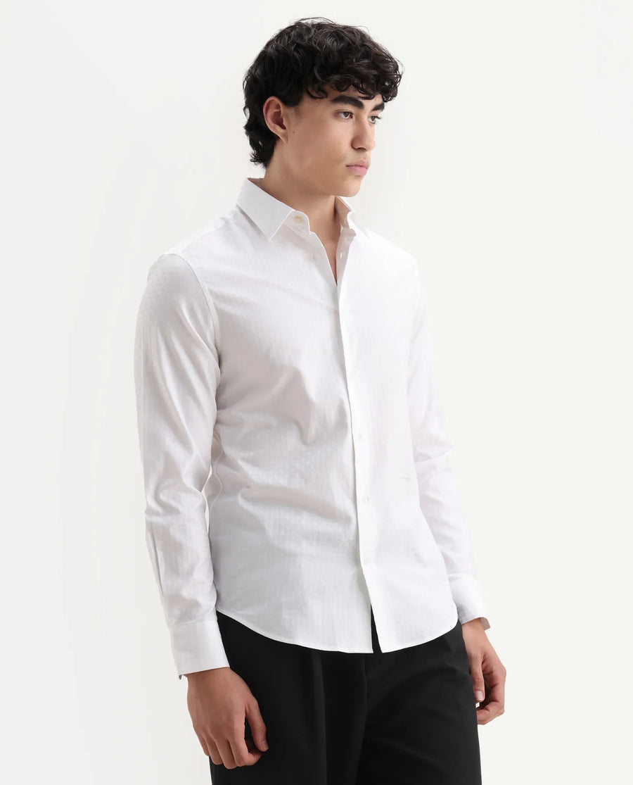 Rare Rabbit Men's Narb White Cotton Spread Collar Fit And Flare Jacquard Shirt