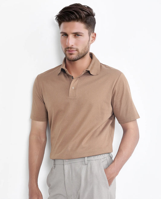 Rare Rabbit Men's Nark Dusky Brown Cotton Textured Regular Fit Half Sleeve Polo