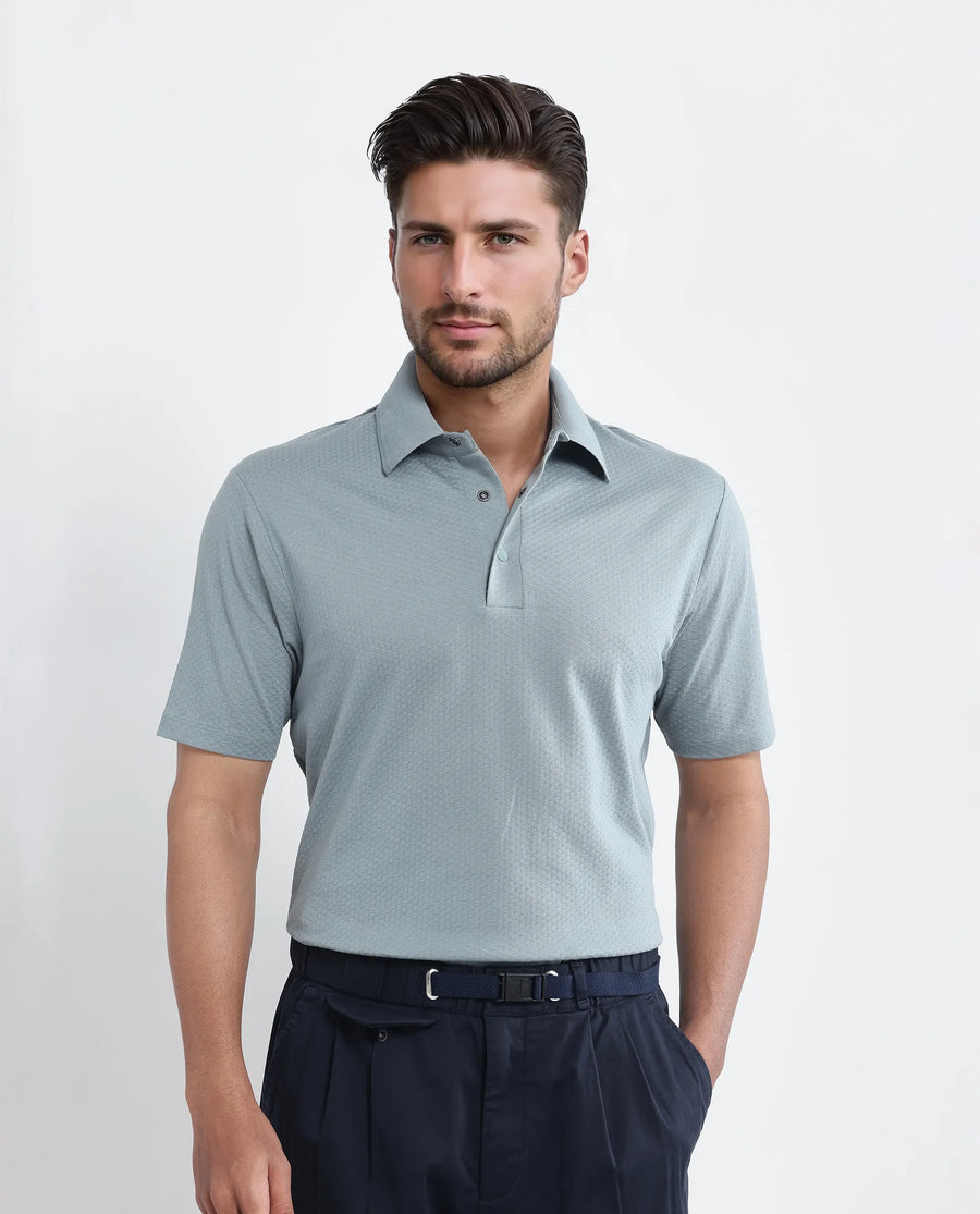 Rare Rabbit Men's Nark Dusky Green Cotton Textured Regular Fit Half Sleeve Polo