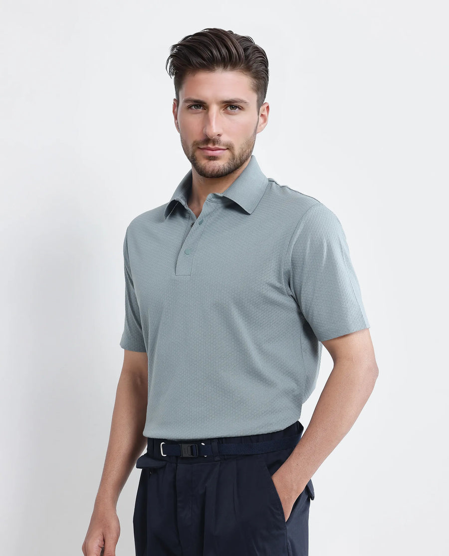 Rare Rabbit Men's Nark Dusky Green Cotton Textured Regular Fit Half Sleeve Polo