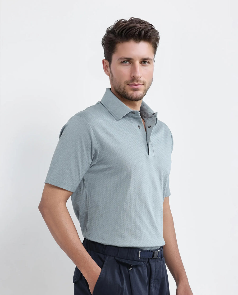 Rare Rabbit Men's Nark Dusky Green Cotton Textured Regular Fit Half Sleeve Polo