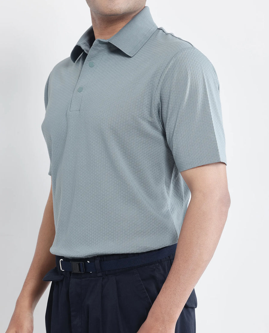 Rare Rabbit Men's Nark Dusky Green Cotton Textured Regular Fit Half Sleeve Polo