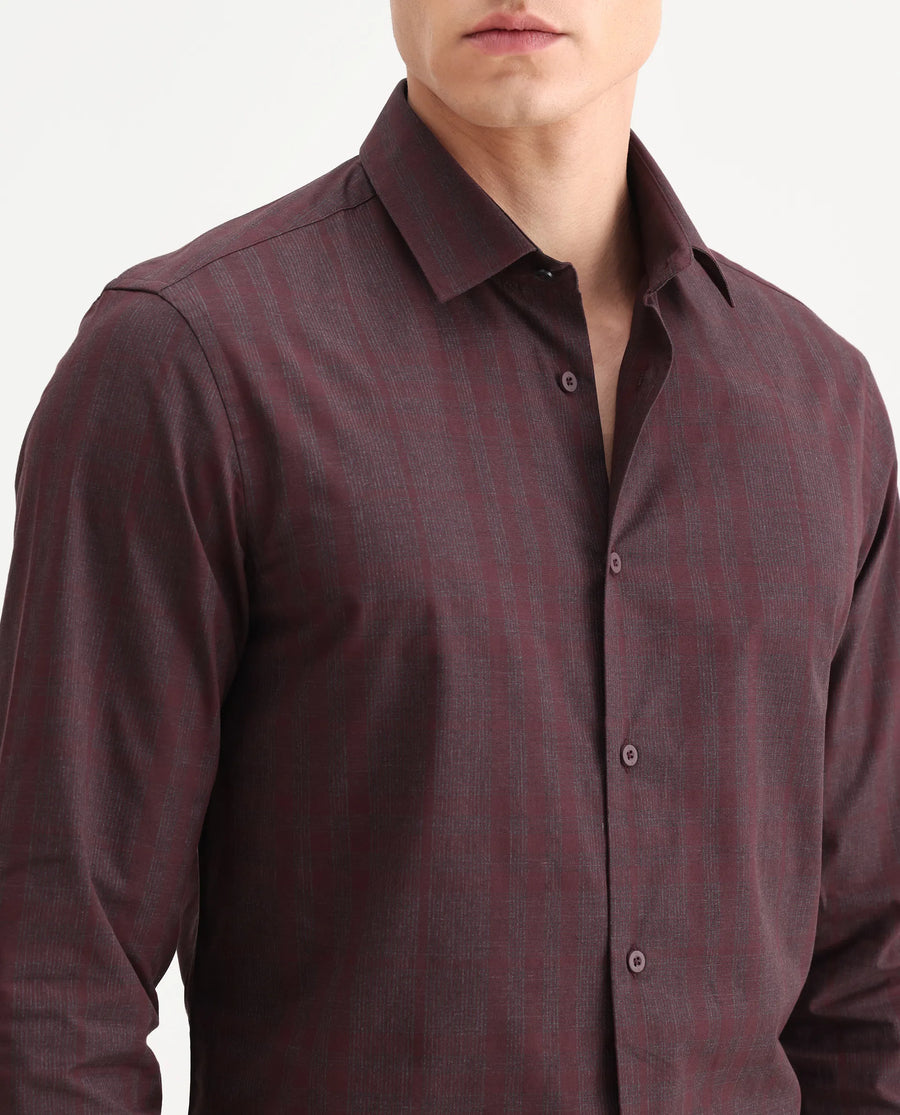 Rare Rabbit Men's Naro-25 Dark Red Cotton Checked Print Regular Fit Full Sleeve Spread Collar Shirt