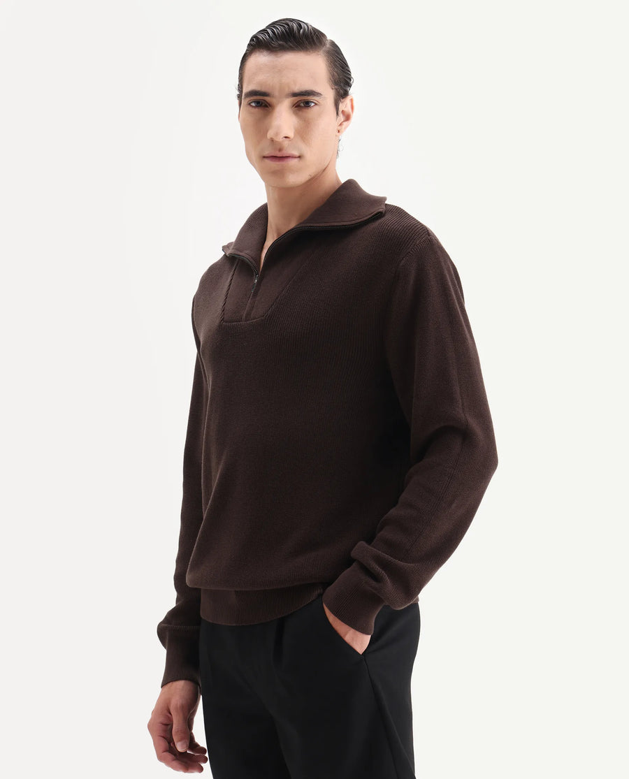 Rare Rabbit Men's Naro Dark Brown Polyester Fabric Full Sleeve High Neck Plain Sweater