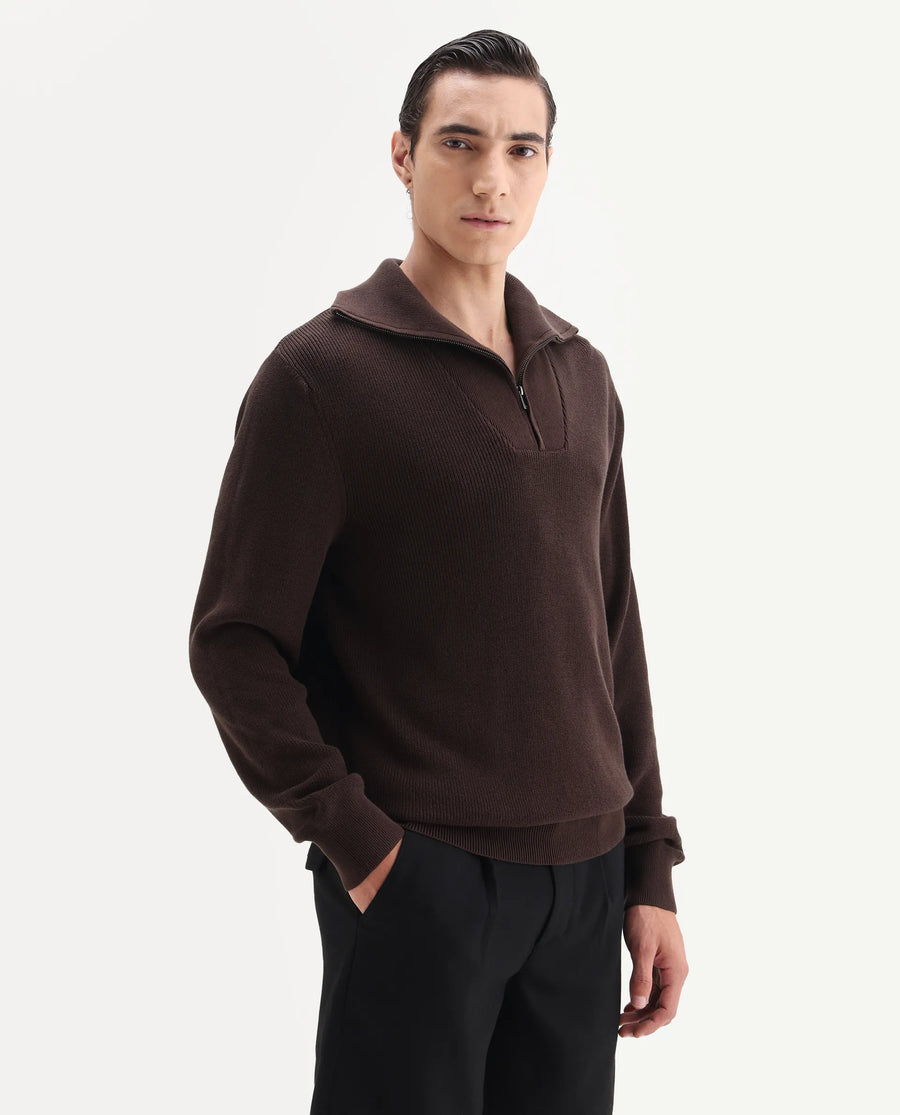 Rare Rabbit Men's Naro Dark Brown Polyester Fabric Full Sleeve High Neck Plain Sweater