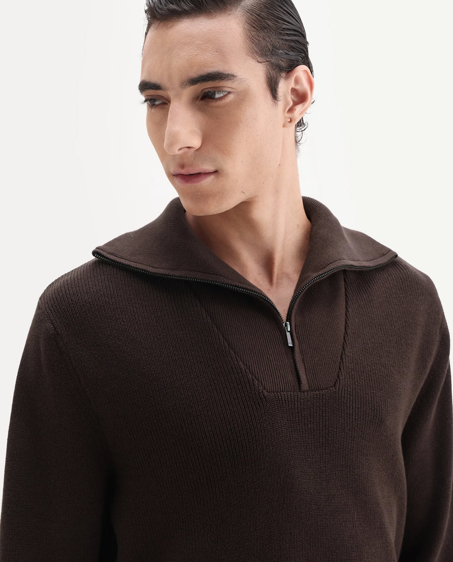 Rare Rabbit Men's Naro Dark Brown Polyester Fabric Full Sleeve High Neck Plain Sweater