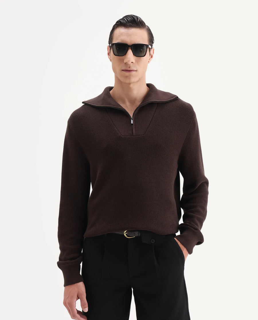 Rare Rabbit Men's Naro Dark Brown Polyester Fabric Full Sleeve High Neck Plain Sweater