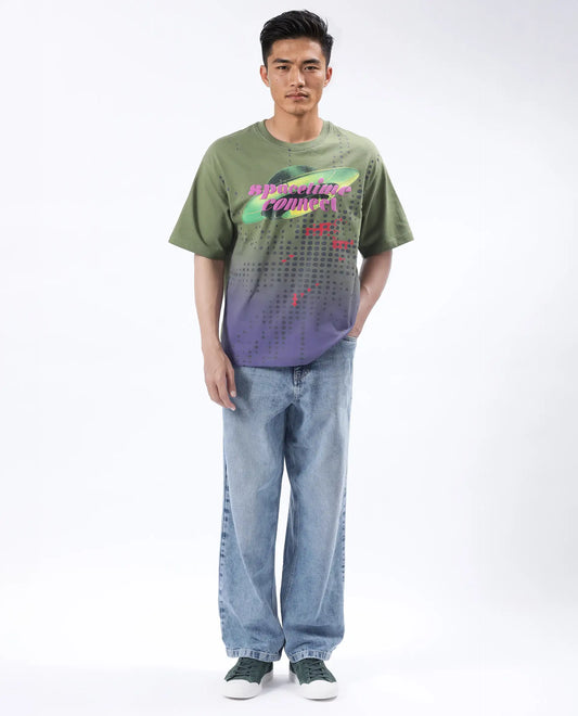 Rare Rabbit Men's Nas Olive Cotton Graphic Print Oversized Fit Half Sleeve Crew Neck T-Shirt