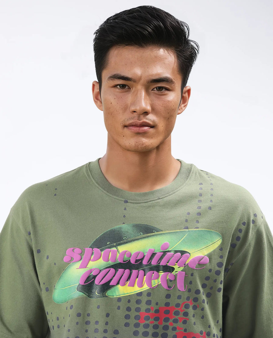 Rare Rabbit Men's Nas Olive Cotton Graphic Print Oversized Fit Half Sleeve Crew Neck T-Shirt