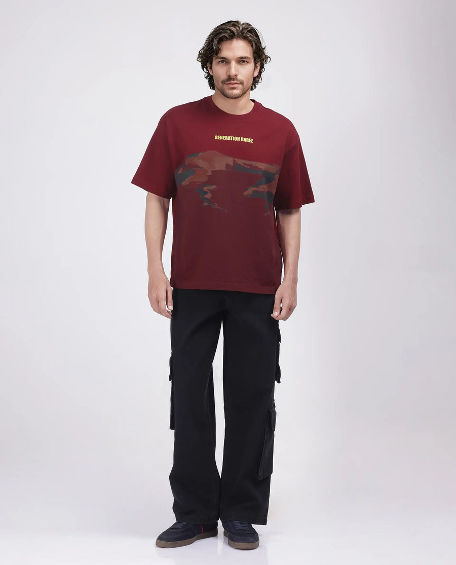 Rare Rabbit Men's Naso Red Cotton Ombre Oversized Fit Half Sleeve Crew Neck T-Shirt