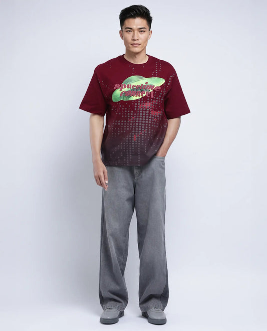 Rare Rabbit Men's Nas Red Cotton Graphic Print Oversized Fit Half Sleeve Crew Neck T-Shirt