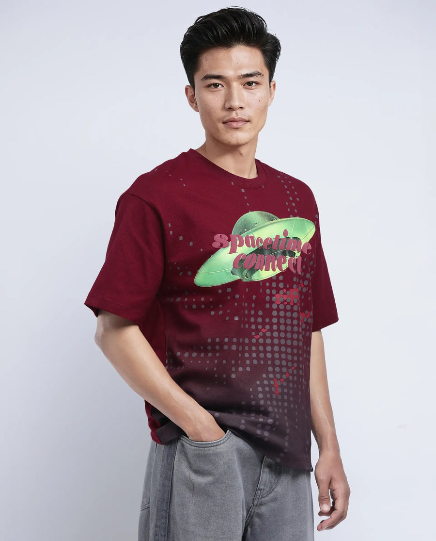 Rare Rabbit Men's Nas Red Cotton Graphic Print Oversized Fit Half Sleeve Crew Neck T-Shirt