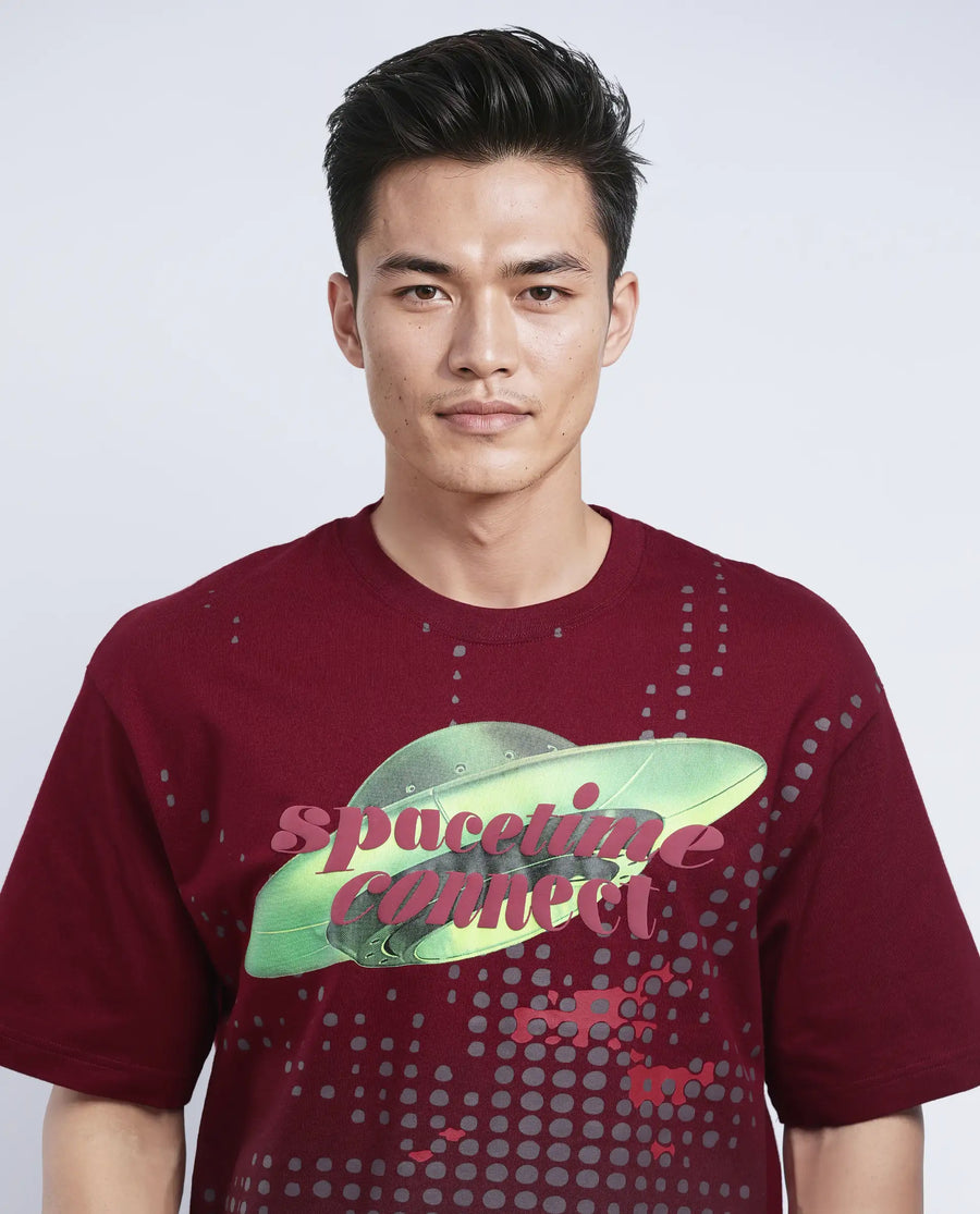 Rare Rabbit Men's Nas Red Cotton Graphic Print Oversized Fit Half Sleeve Crew Neck T-Shirt