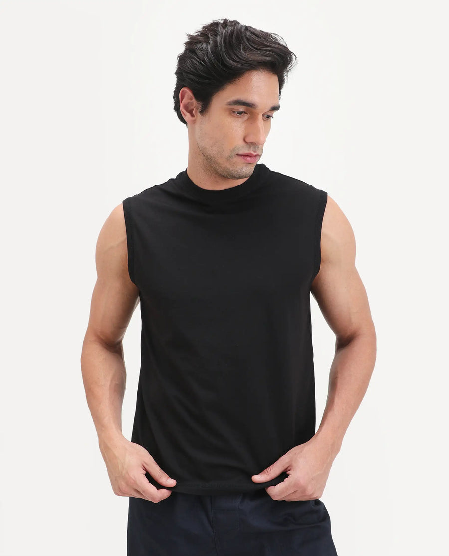 Rare Rabbit Men's Nats Black Cotton Lycra Fabric Regular Fit Plain Stretchable Sleeveless Vest