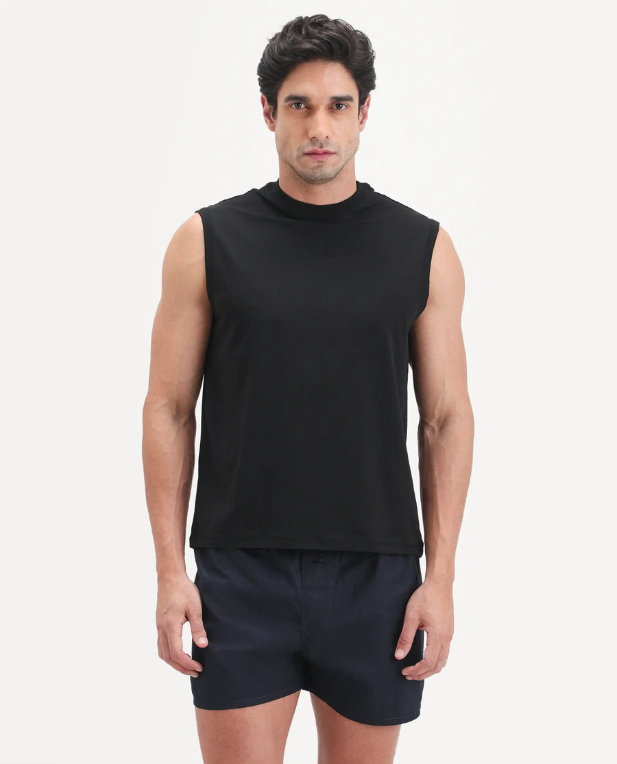 Rare Rabbit Men's Nats Black Cotton Lycra Fabric Regular Fit Plain Stretchable Sleeveless Vest