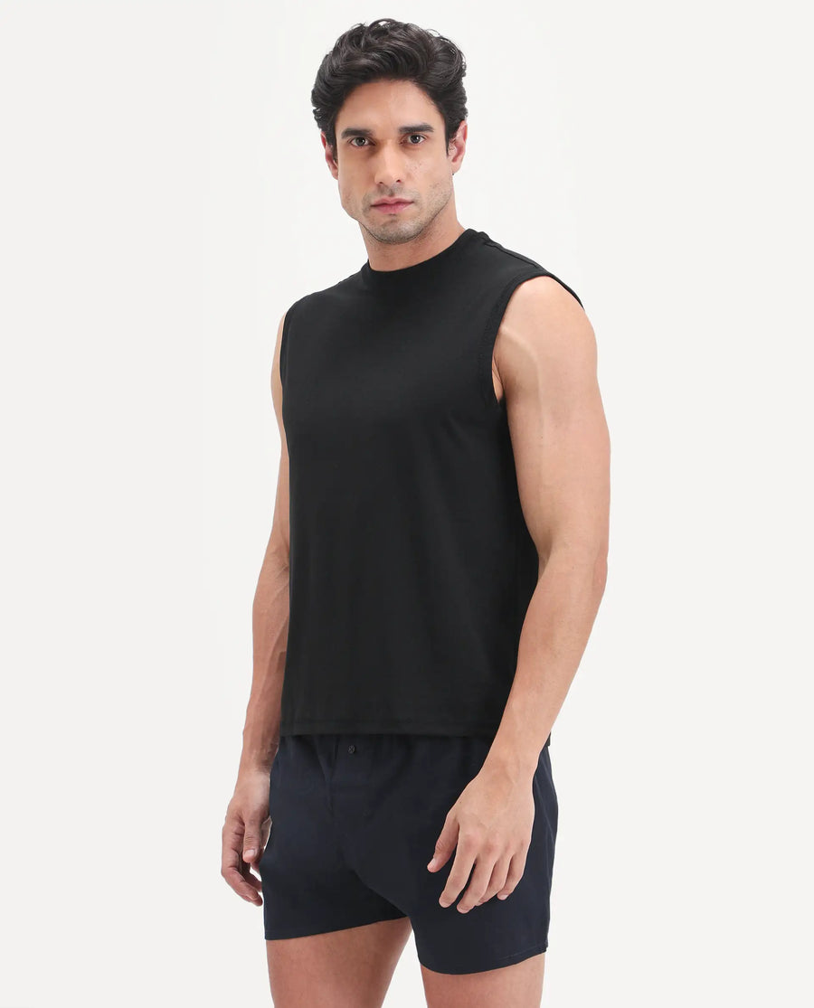 Rare Rabbit Men's Nats Black Cotton Lycra Fabric Regular Fit Plain Stretchable Sleeveless Vest