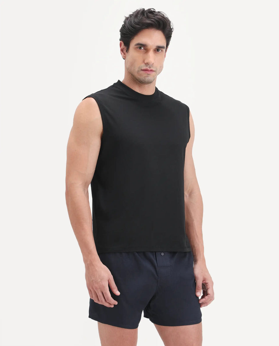 Rare Rabbit Men's Nats Black Cotton Lycra Fabric Regular Fit Plain Stretchable Sleeveless Vest
