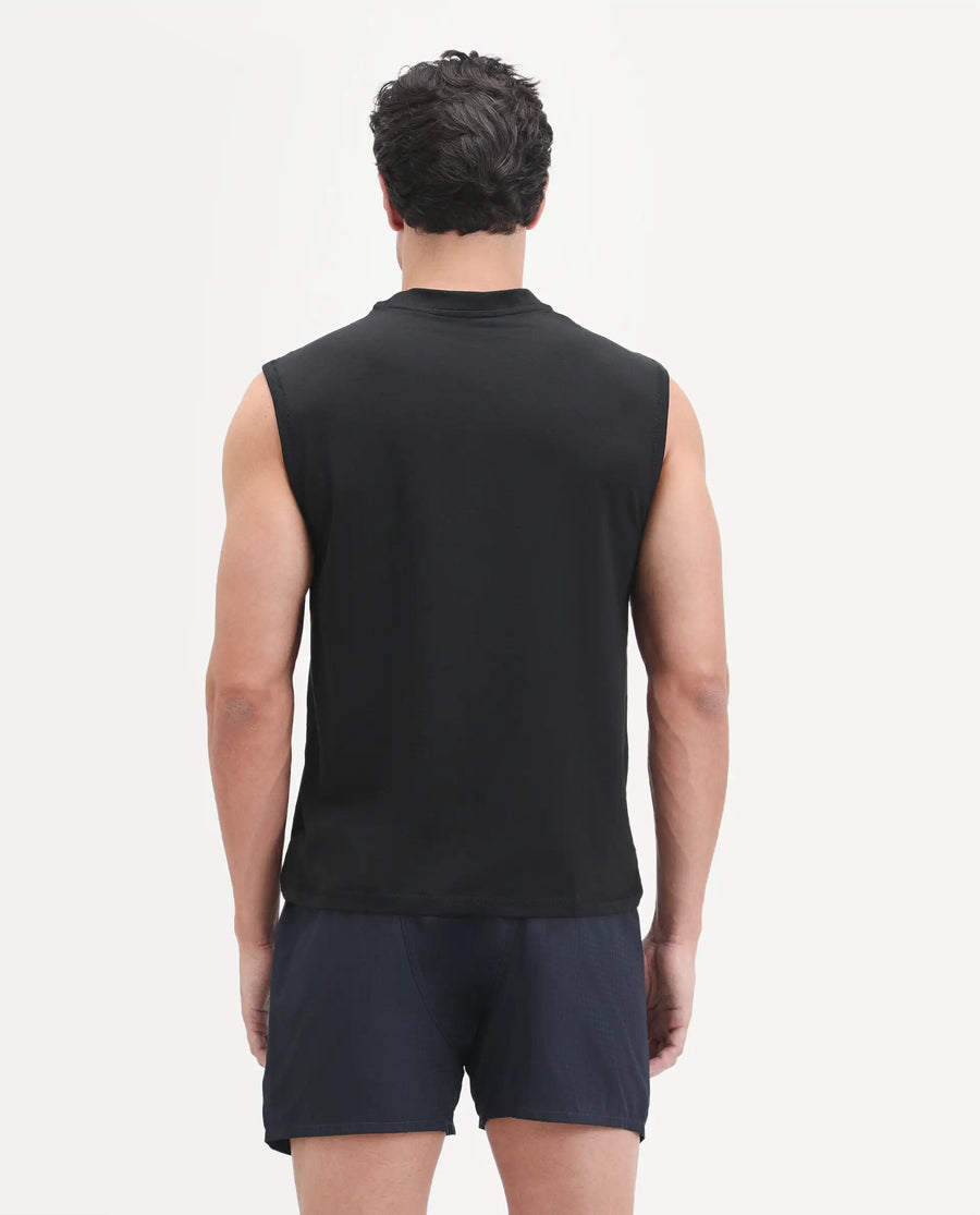 Rare Rabbit Men's Nats Black Cotton Lycra Fabric Regular Fit Plain Stretchable Sleeveless Vest