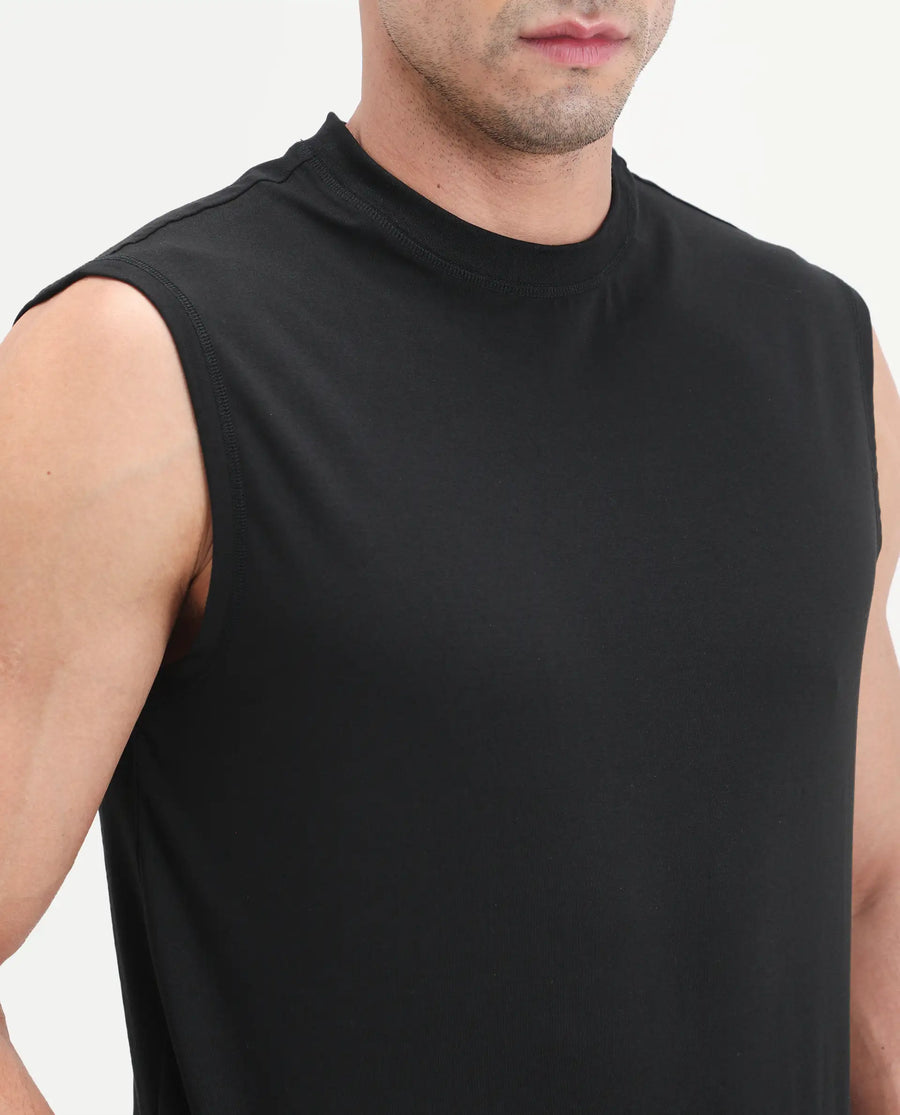 Rare Rabbit Men's Nats Black Cotton Lycra Fabric Regular Fit Plain Stretchable Sleeveless Vest