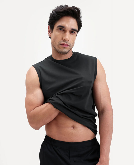 Rare Rabbit Men's Nats Dark Grey Cotton Lycra Fabric Regular Fit Plain Stretchable Sleeveless Vest