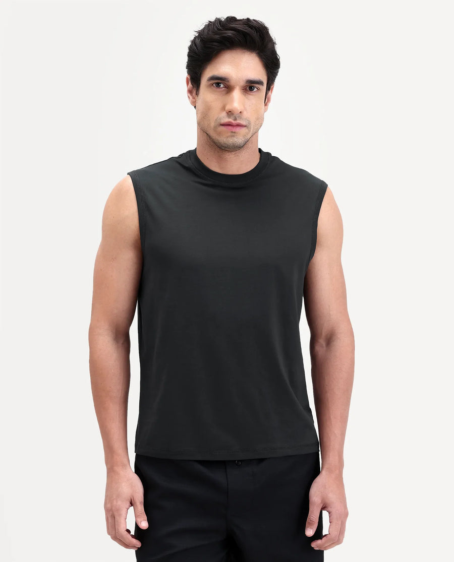 Rare Rabbit Men's Nats Dark Grey Cotton Lycra Fabric Regular Fit Plain Stretchable Sleeveless Vest