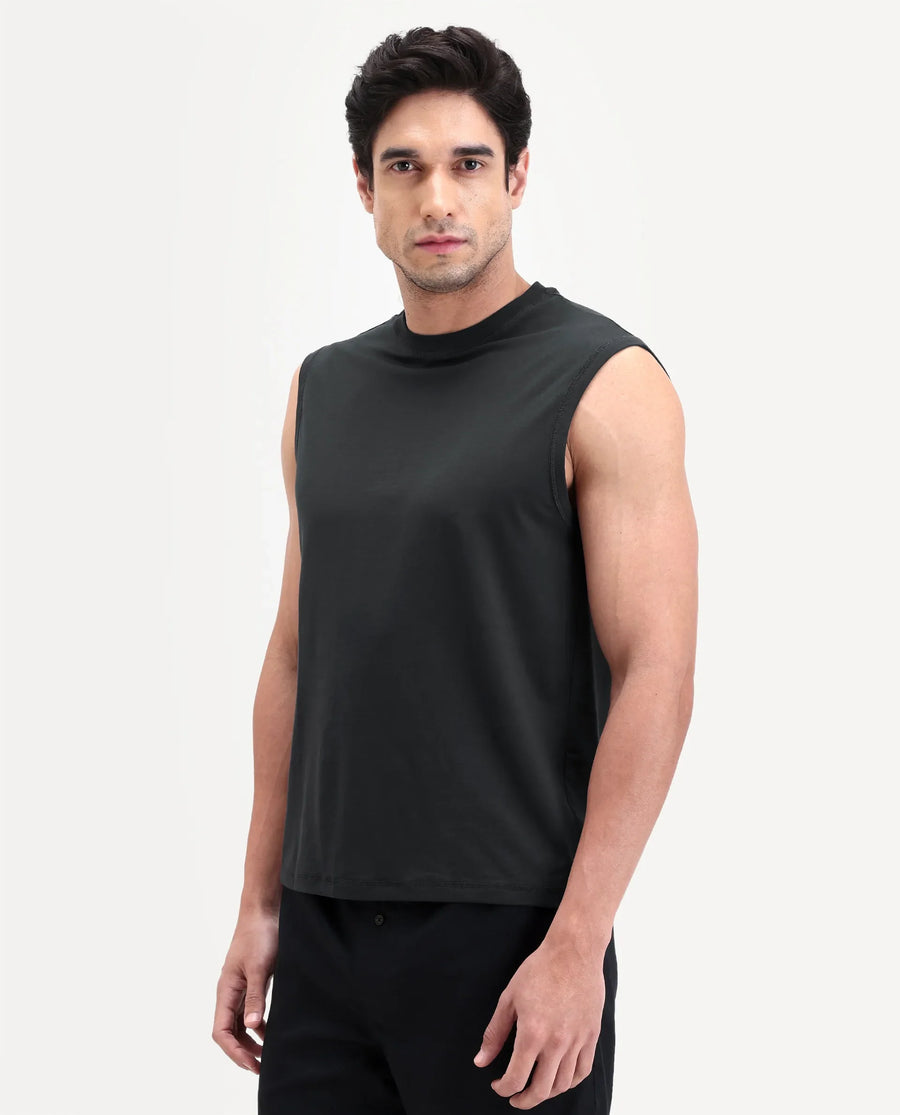 Rare Rabbit Men's Nats Dark Grey Cotton Lycra Fabric Regular Fit Plain Stretchable Sleeveless Vest