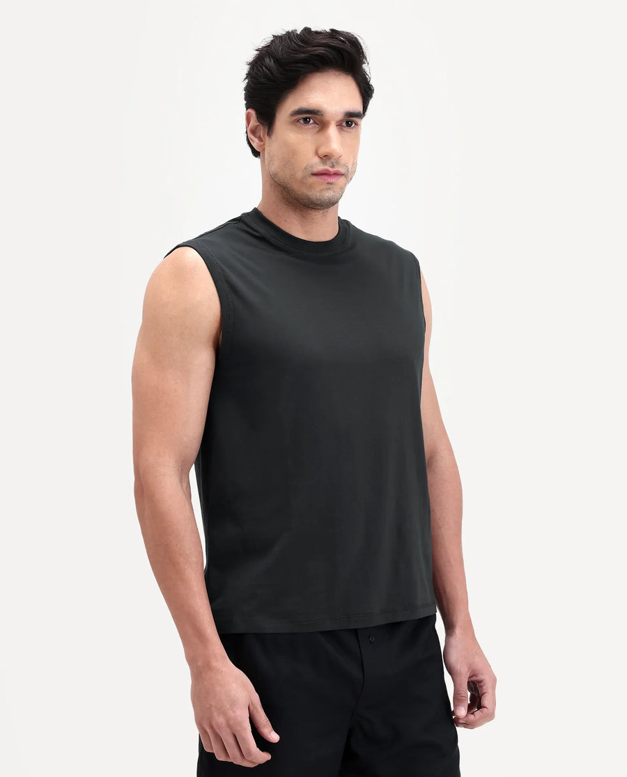 Rare Rabbit Men's Nats Dark Grey Cotton Lycra Fabric Regular Fit Plain Stretchable Sleeveless Vest