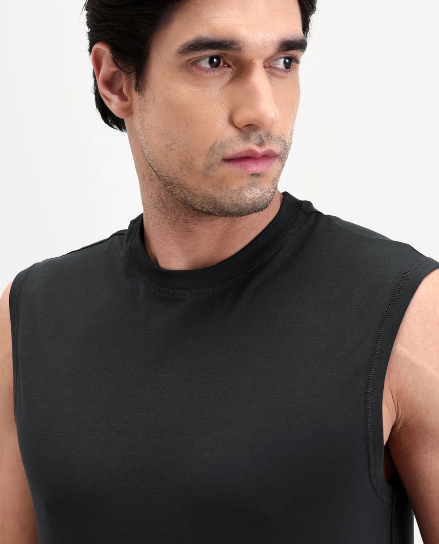 Rare Rabbit Men's Nats Dark Grey Cotton Lycra Fabric Regular Fit Plain Stretchable Sleeveless Vest