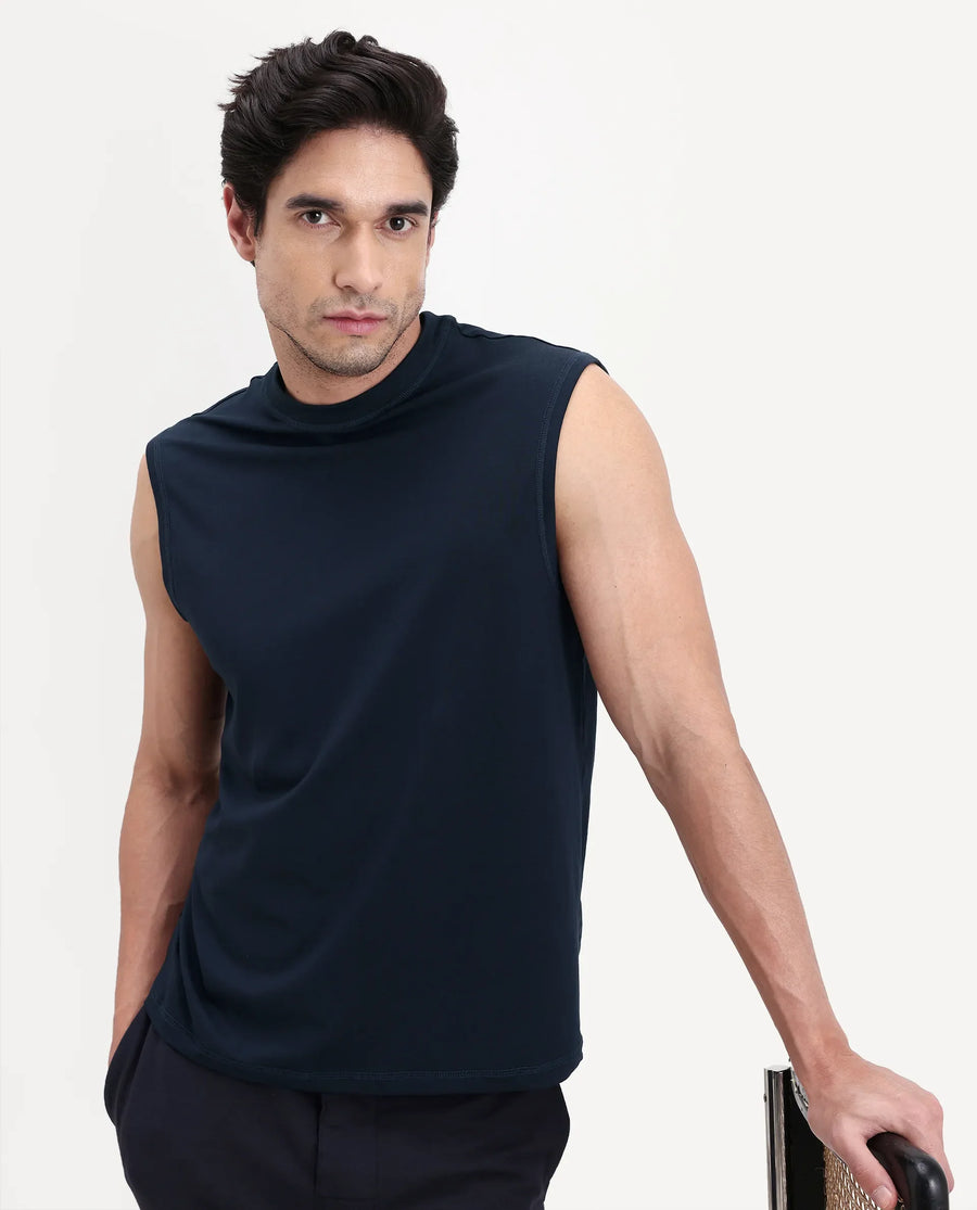 Rare Rabbit Men's Nats Navy Cotton lycra Fabric Regular Fit Plain Stretchable Sleeveless Vest