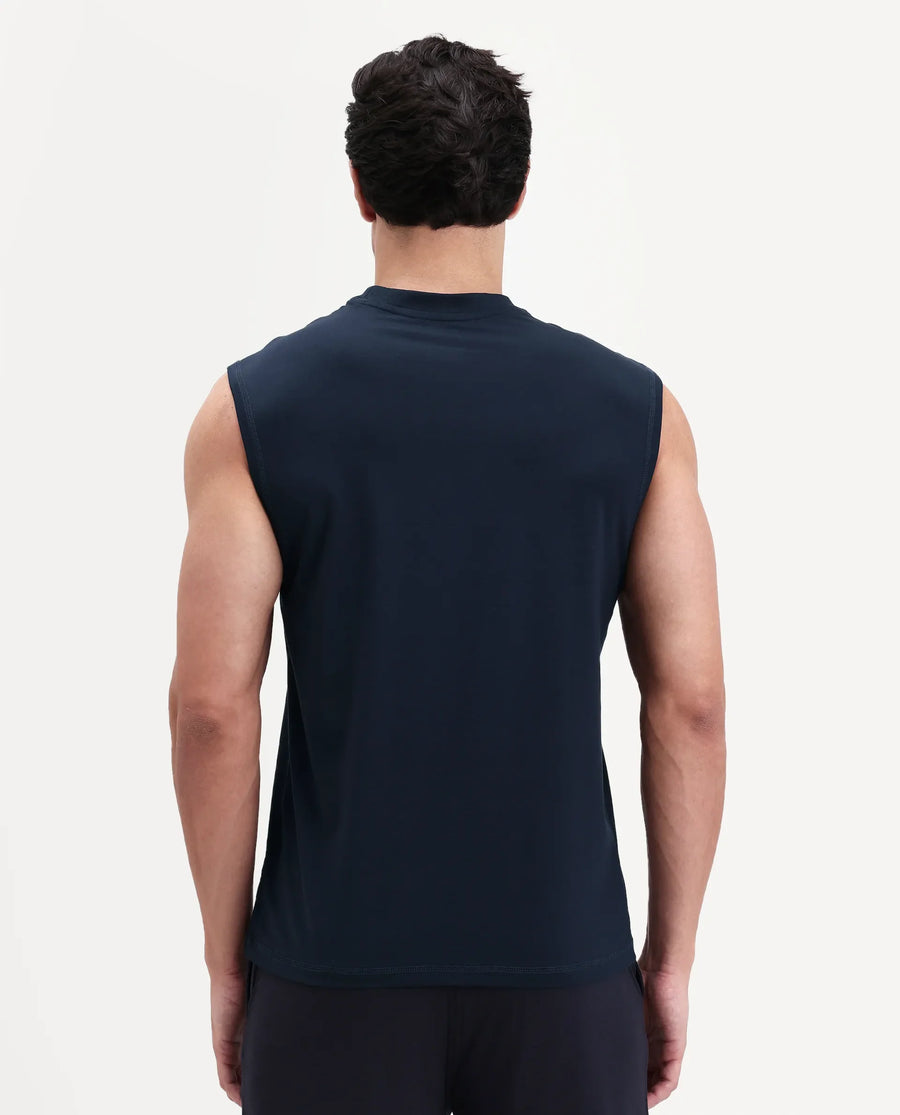 Rare Rabbit Men's Nats Navy Cotton lycra Fabric Regular Fit Plain Stretchable Sleeveless Vest