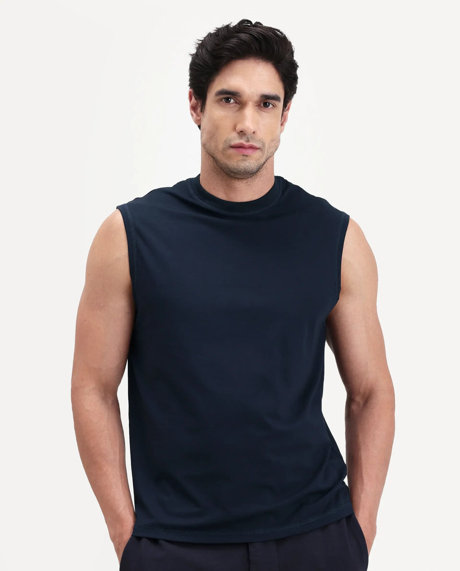 Rare Rabbit Men's Nats Navy Cotton lycra Fabric Regular Fit Plain Stretchable Sleeveless Vest