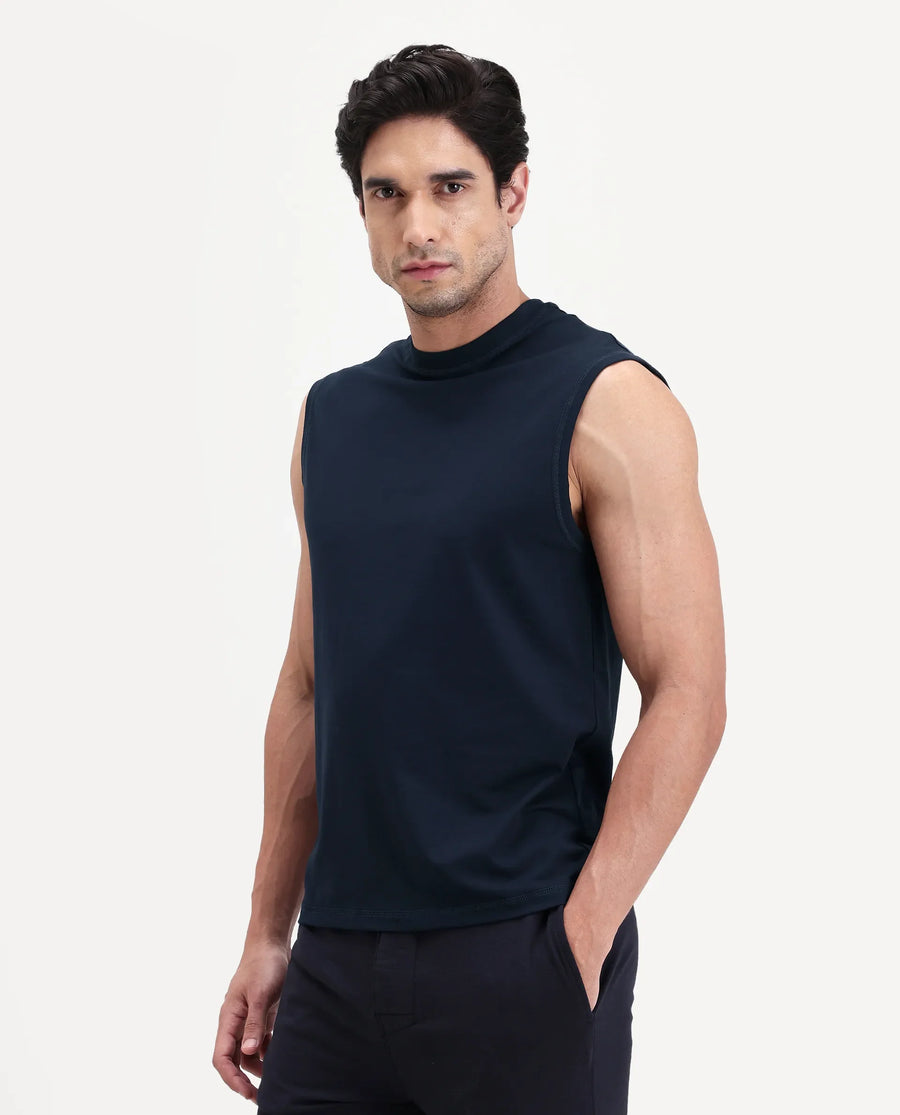 Rare Rabbit Men's Nats Navy Cotton lycra Fabric Regular Fit Plain Stretchable Sleeveless Vest