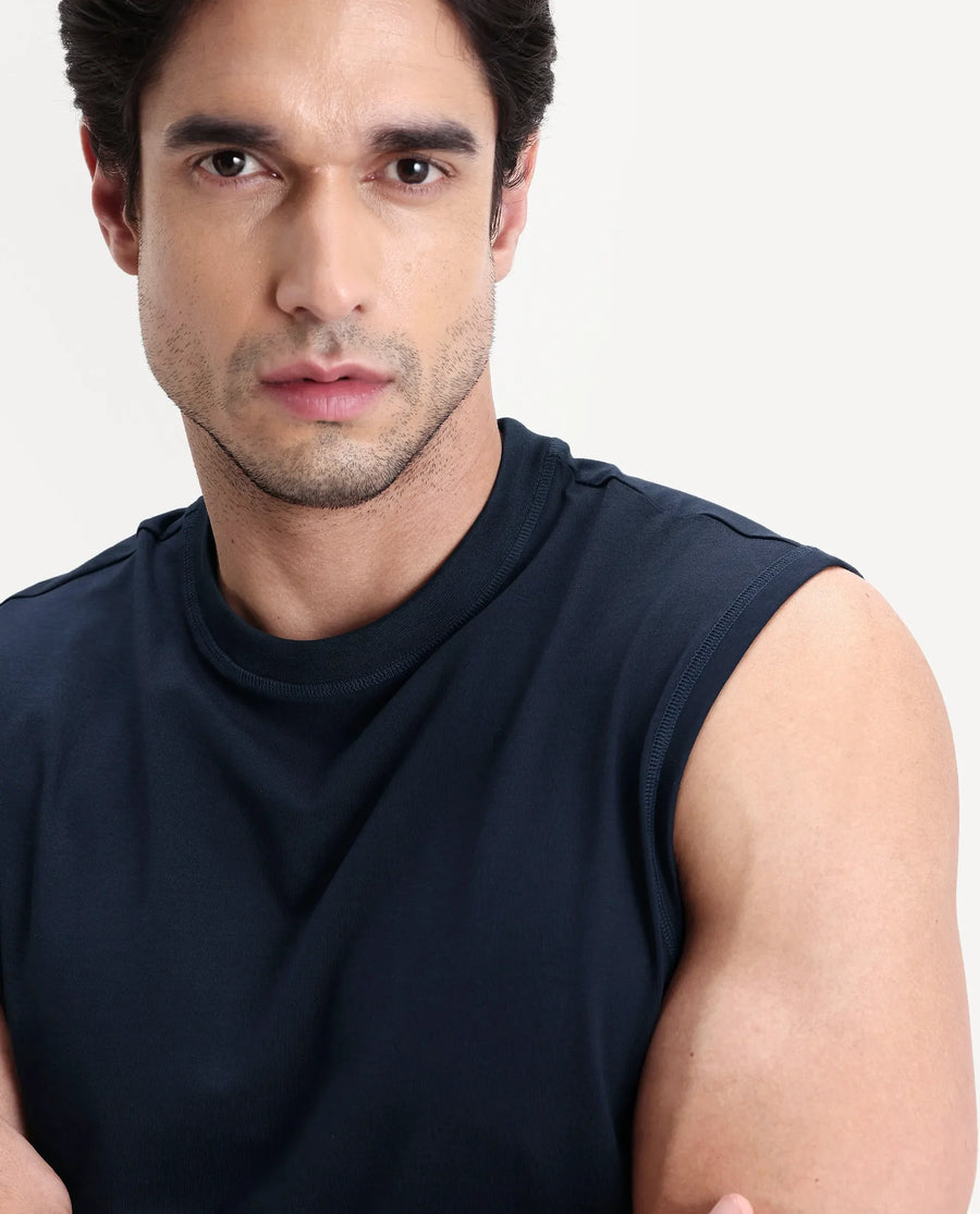 Rare Rabbit Men's Nats Navy Cotton lycra Fabric Regular Fit Plain Stretchable Sleeveless Vest