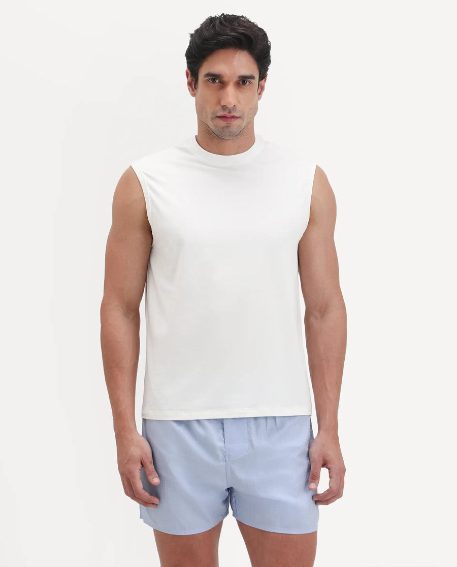 Rare Rabbit Men's Nats White Cotton Lycra Fabric Regular Fit Plain Stretchable Sleeveless Vest