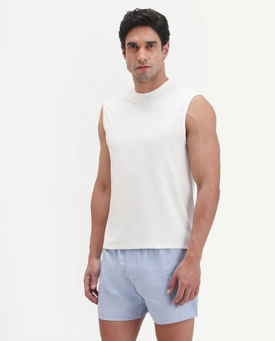 Rare Rabbit Men's Nats White Cotton Lycra Fabric Regular Fit Plain Stretchable Sleeveless Vest