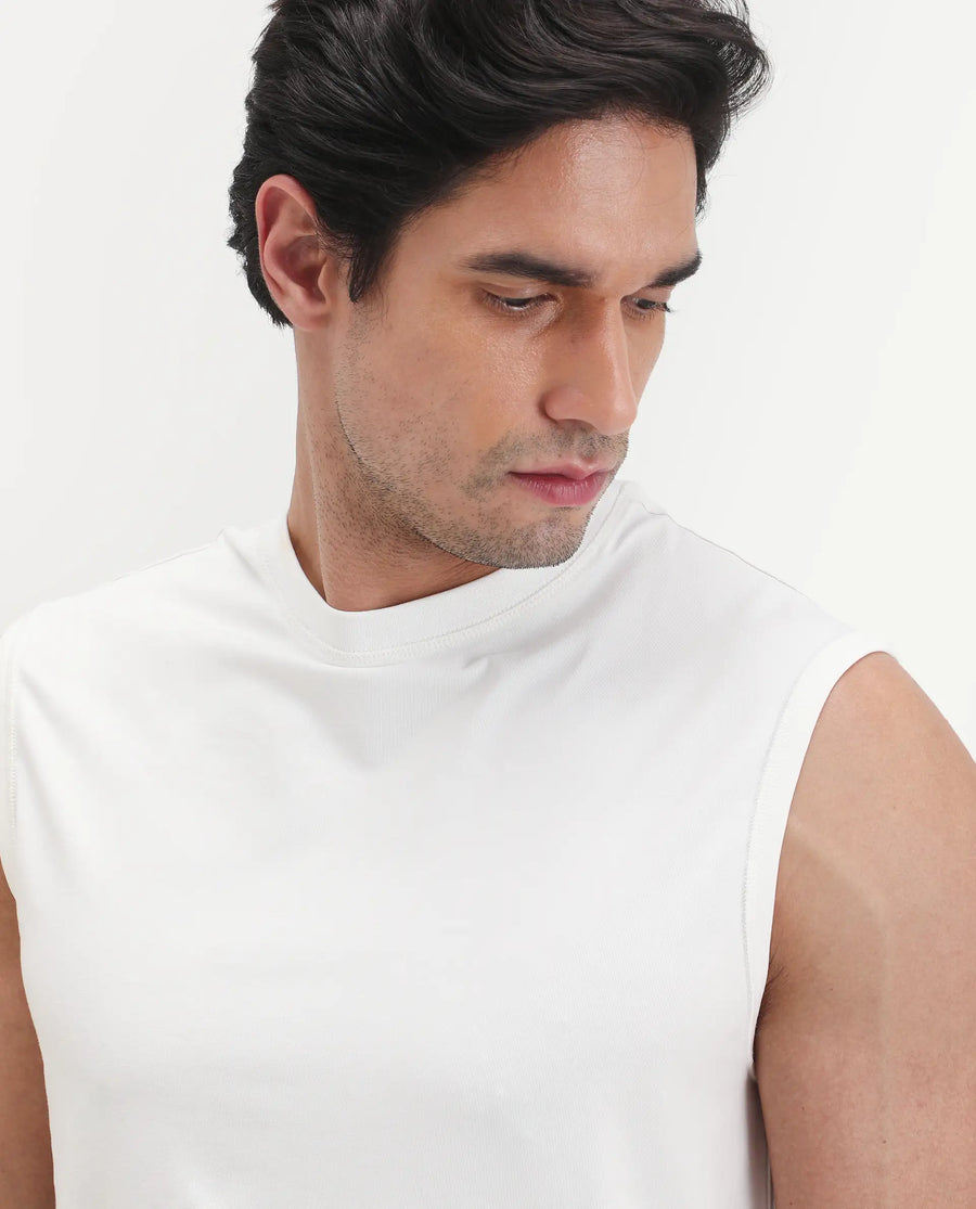Rare Rabbit Men's Nats White Cotton Lycra Fabric Regular Fit Plain Stretchable Sleeveless Vest