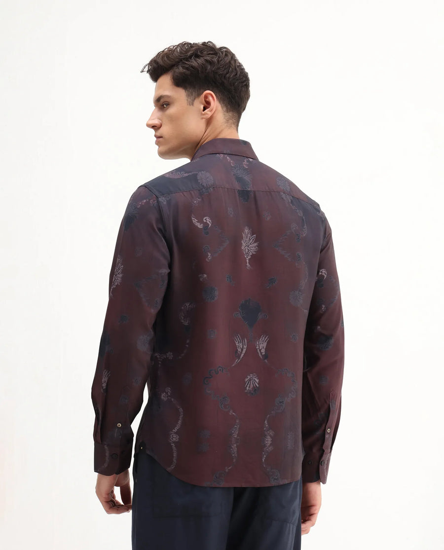 Rare Rabbit Men's Navo Dark Maroon Viscose Floral Print Regular Fit Full Sleeve Collared Shirt