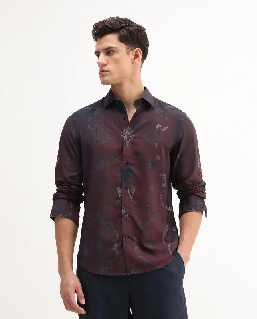 Rare Rabbit Men's Navo Dark Maroon Viscose Floral Print Regular Fit Full Sleeve Collared Shirt