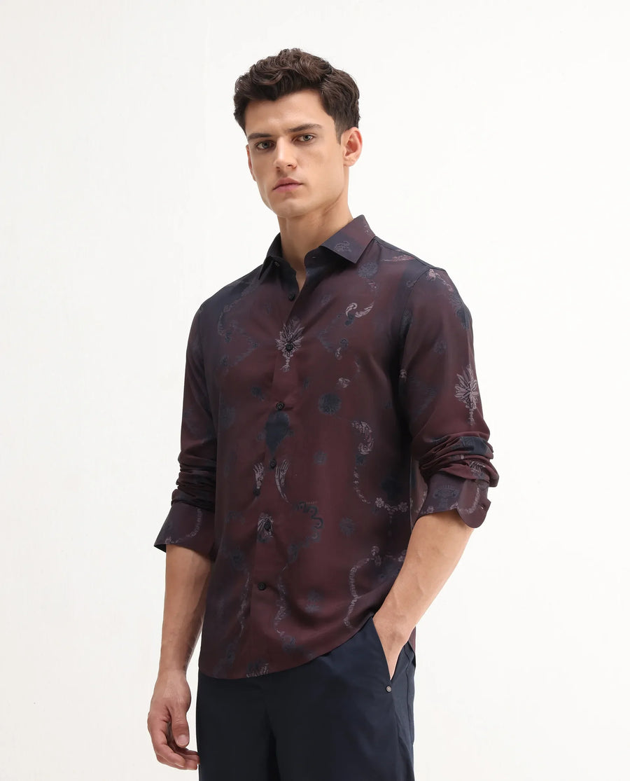Rare Rabbit Men's Navo Dark Maroon Viscose Floral Print Regular Fit Full Sleeve Collared Shirt