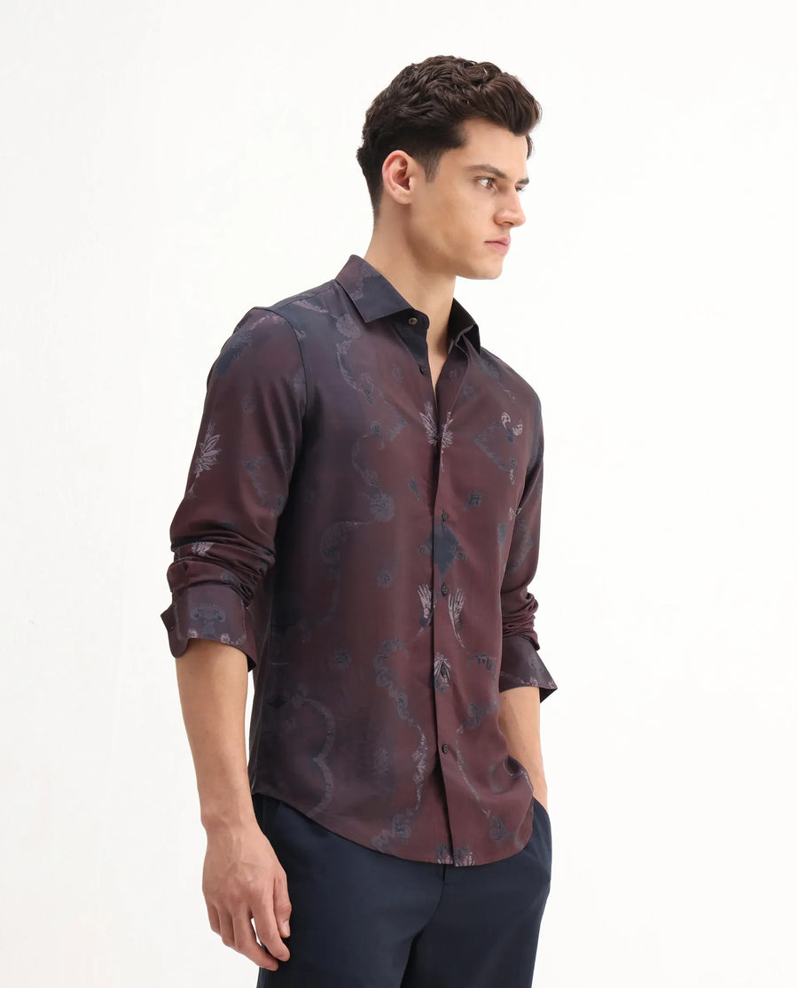 Rare Rabbit Men's Navo Dark Maroon Viscose Floral Print Regular Fit Full Sleeve Collared Shirt