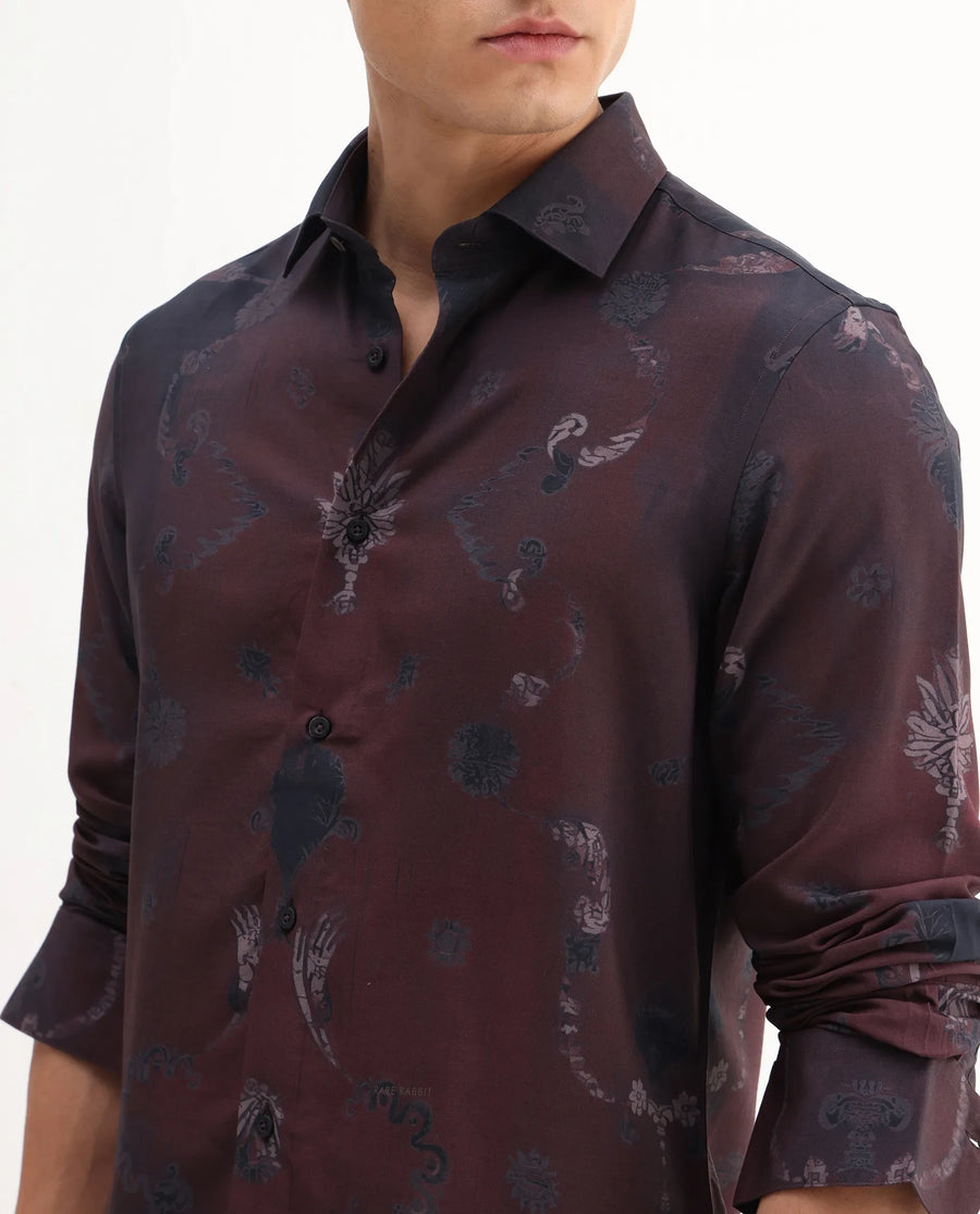 Rare Rabbit Men's Navo Dark Maroon Viscose Floral Print Regular Fit Full Sleeve Collared Shirt