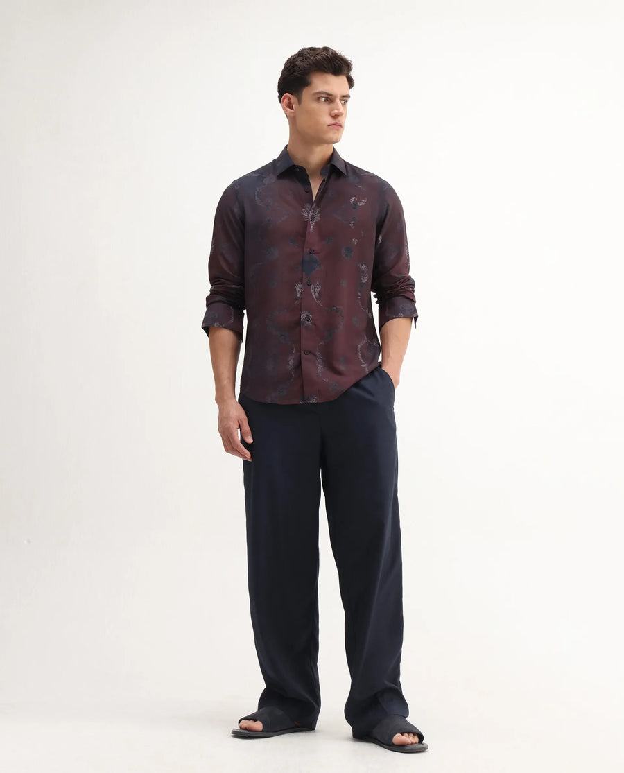 Rare Rabbit Men's Navo Dark Maroon Viscose Floral Print Regular Fit Full Sleeve Collared Shirt