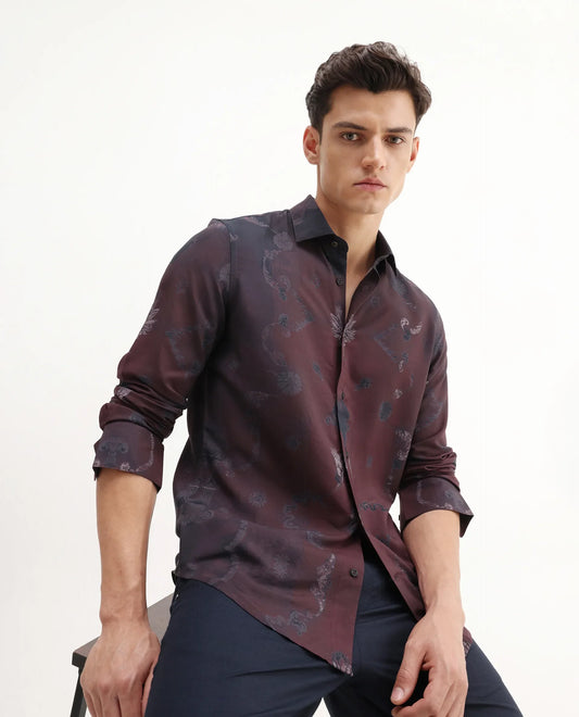 Rare Rabbit Men's Navo Dark Maroon Viscose Floral Print Regular Fit Full Sleeve Collared Shirt