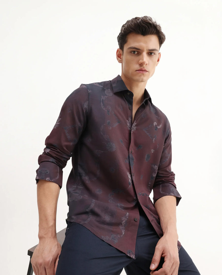 Rare Rabbit Men's Navo Dark Maroon Viscose Floral Print Regular Fit Full Sleeve Collared Shirt