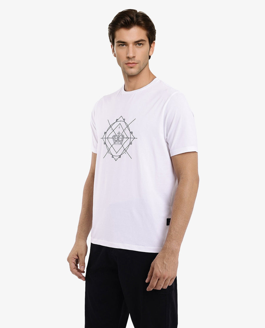 Rare Rabbit Men's Naz White Cotton Graphic Print Regular Fit Half Sleeve Crew Neck T-Shirt