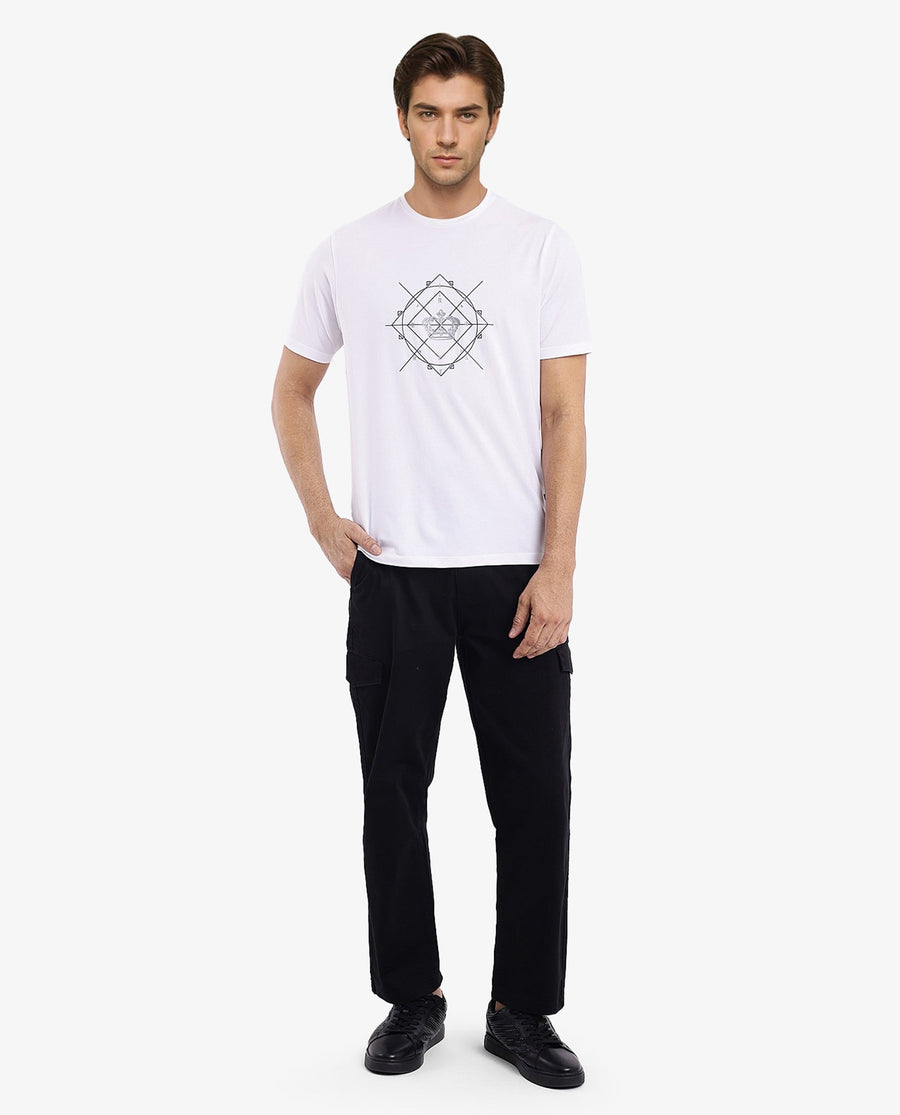 Rare Rabbit Men's Naz White Cotton Graphic Print Regular Fit Half Sleeve Crew Neck T-Shirt