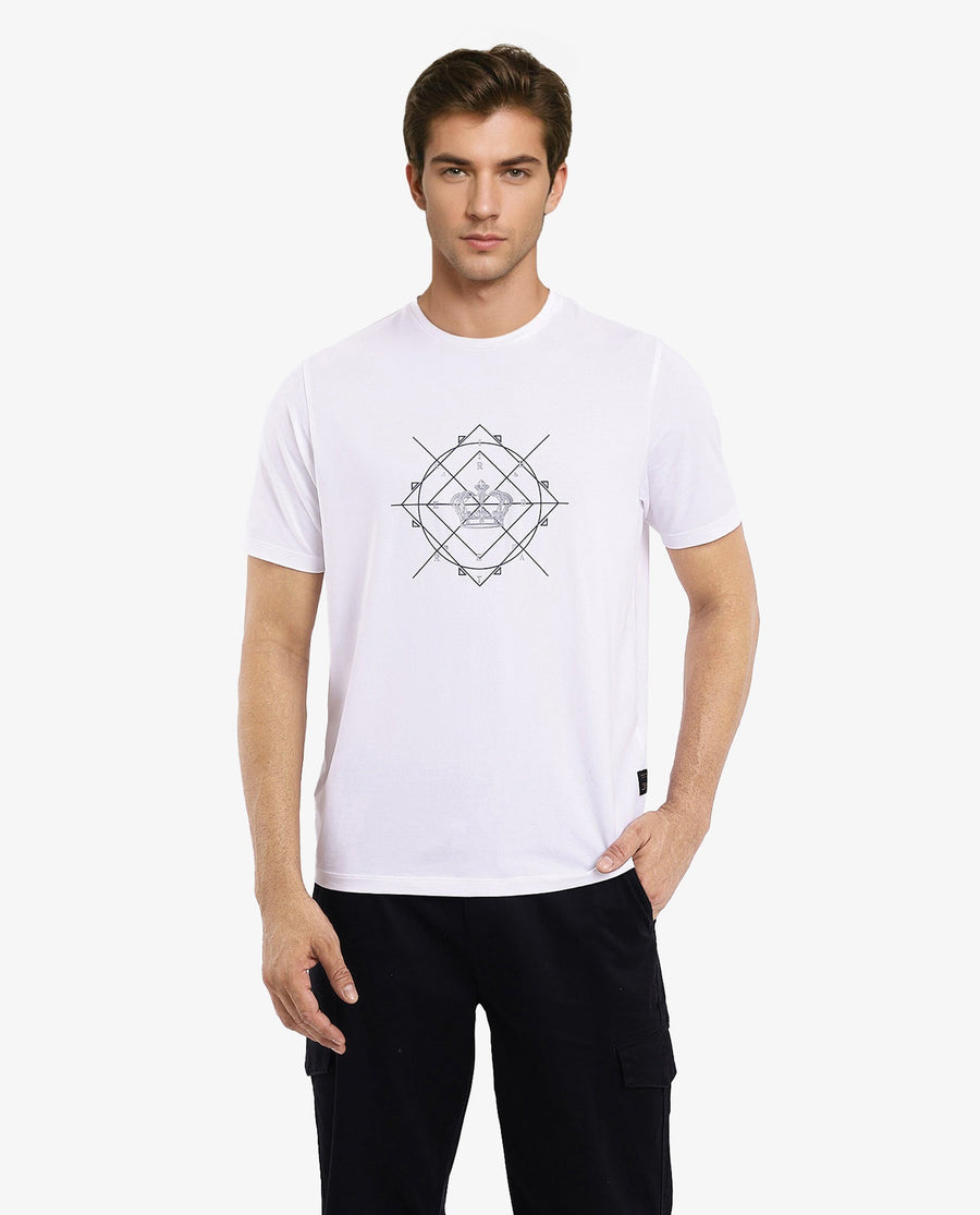 Rare Rabbit Men's Naz White Cotton Graphic Print Regular Fit Half Sleeve Crew Neck T-Shirt