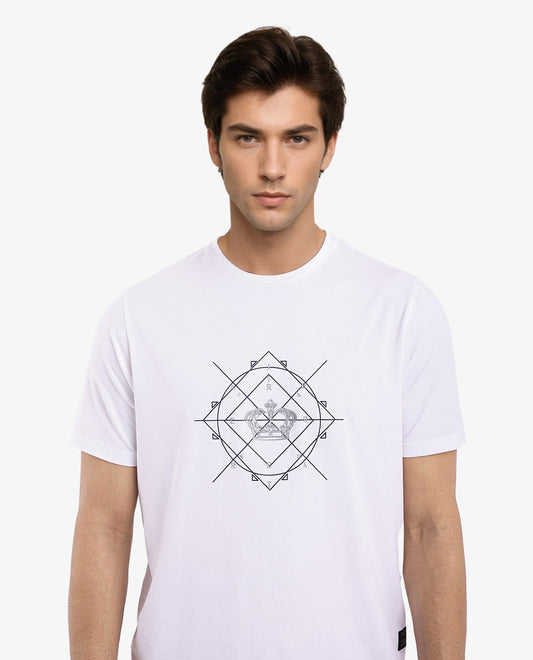 Rare Rabbit Men's Naz White Cotton Graphic Print Regular Fit Half Sleeve Crew Neck T-Shirt