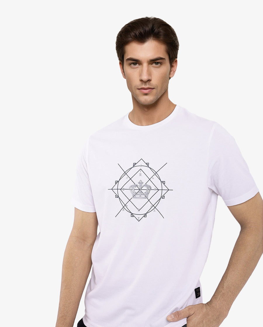 Rare Rabbit Men's Naz White Cotton Graphic Print Regular Fit Half Sleeve Crew Neck T-Shirt